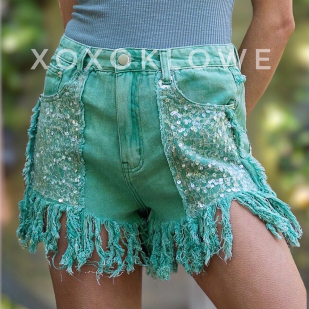 POL Green Denim & Sequin Curly Fringe Mid Rise Jean Shorts Festival Fashion